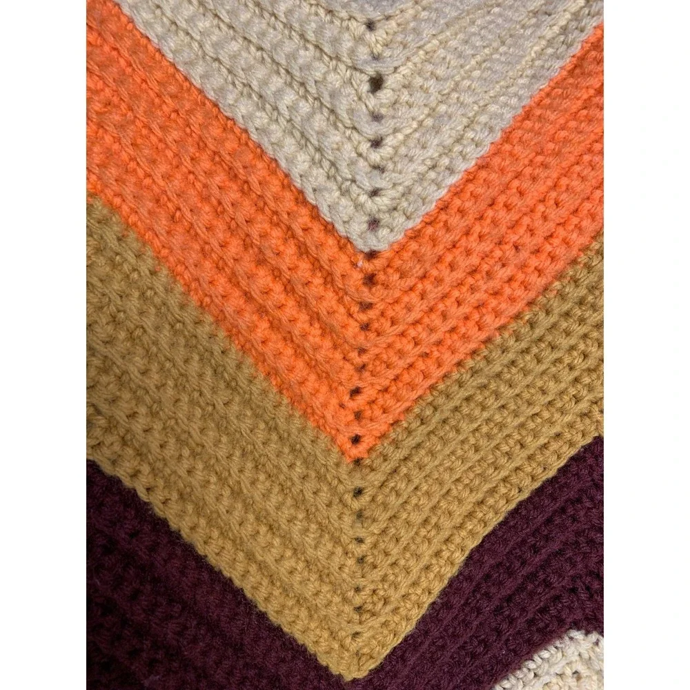 Vintage 70s Crochet Chevron Afghan Blanket Retro Orange Brown Boho Throw MCM